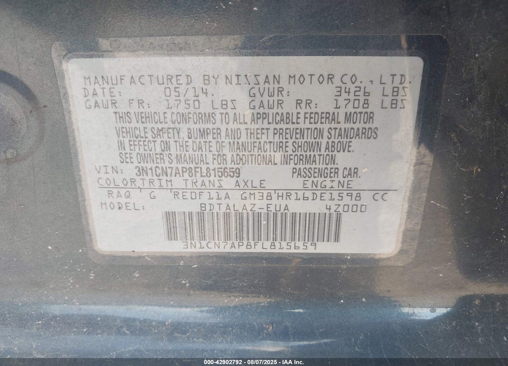 2015 NISSAN VERSA VIN: 3N1CN7AP8FL815659