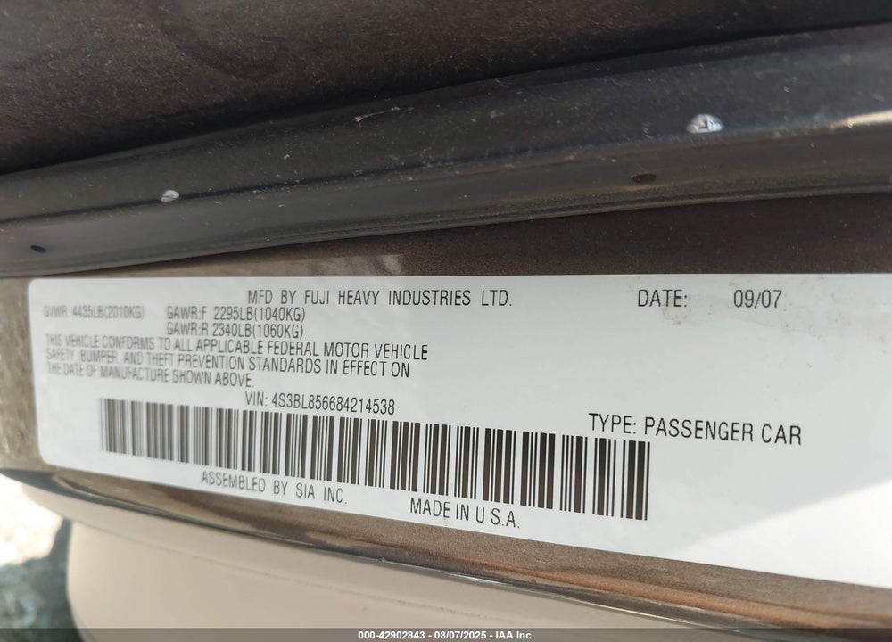 2008 SUBARU LEGACY 3.0R LIMITED VIN: 4S3BL856684214538