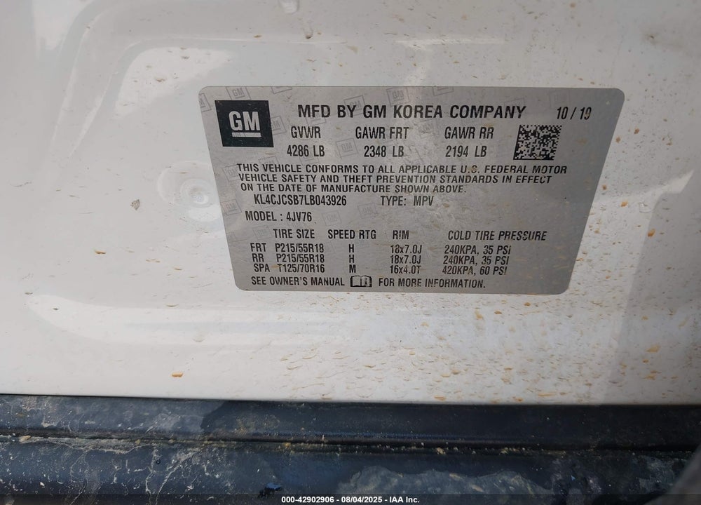 2020 BUICK ENCORE VIN: KL4CJCSB7LB043926