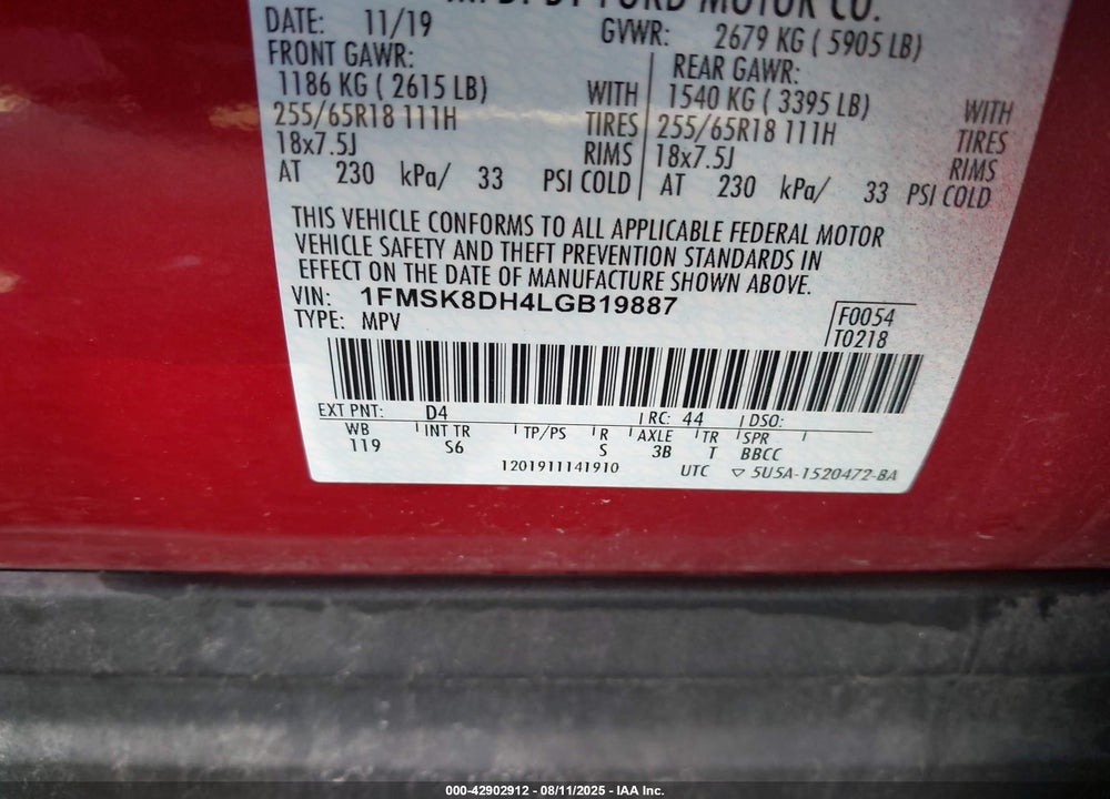 2020 FORD EXPLORER VIN: 1FMSK8DH4LGB19887