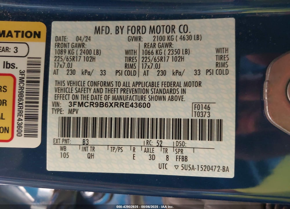 2024 FORD BRONCO SPORT BIG BEND VIN: 3FMCR9B6XRRE43600