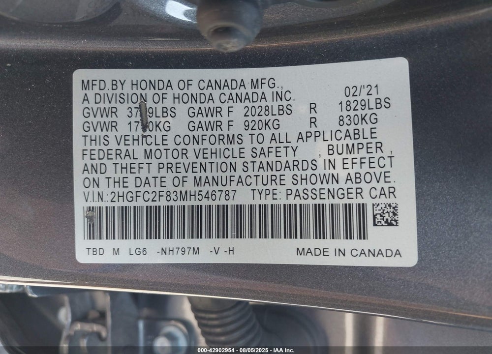 2021 HONDA CIVIC VIN: 2HGFC2F83MH546787