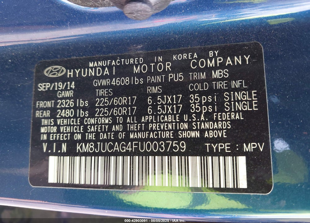 2015 HYUNDAI TUCSON VIN: KM8JUCAG4FU003759