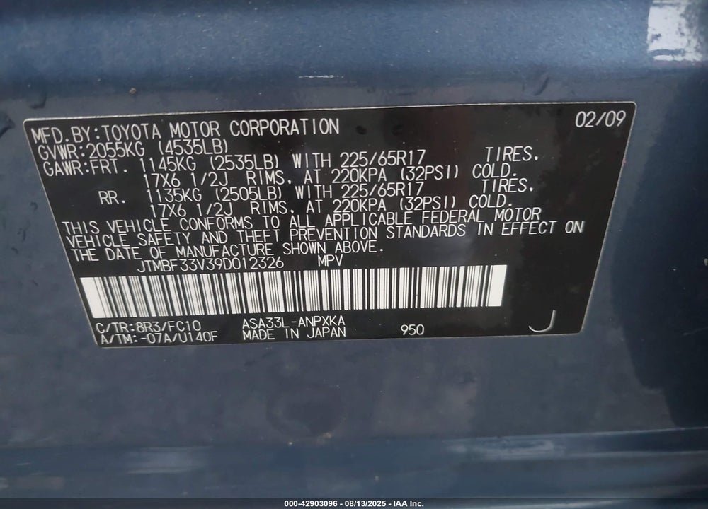 2009 TOYOTA RAV4 VIN: JTMBF33V39D012326