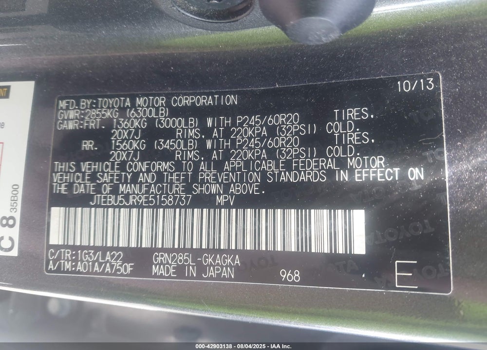 2014 TOYOTA 4RUNNER VIN: JTEBU5JR9E5158737