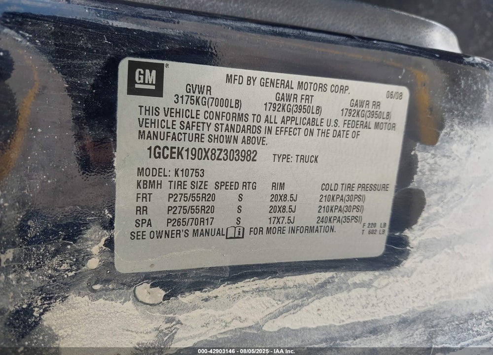 2008 CHEVROLET SILVERADO 1500 VIN: 1GCEK190X8Z303982