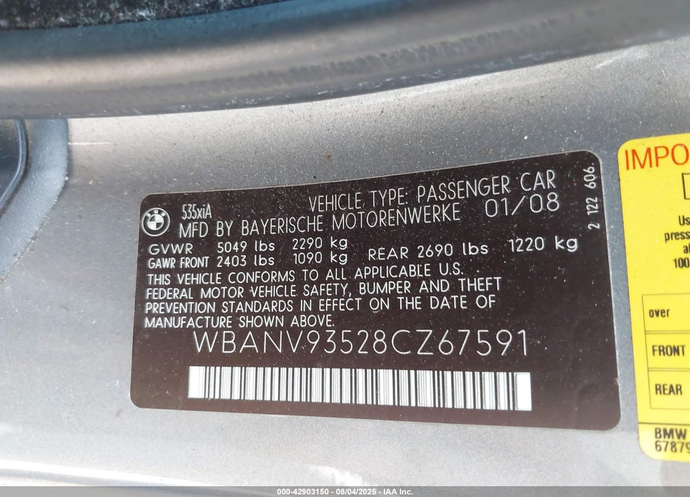 2008 BMW 5 SERIES VIN: WBANV93528CZ67591