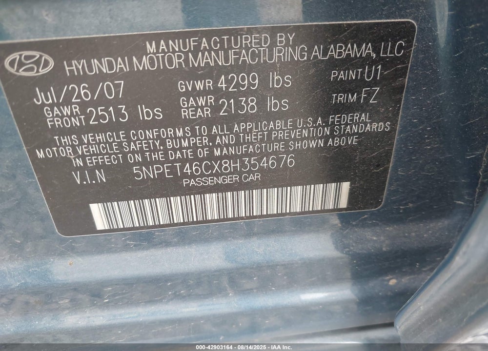 2008 HYUNDAI SONATA GLS VIN: 5NPET46CX8H354676