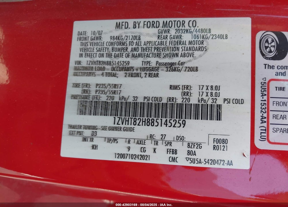 2008 FORD MUSTANG GT DELUXE/GT PREMIUM VIN: 1ZVHT82H885145259