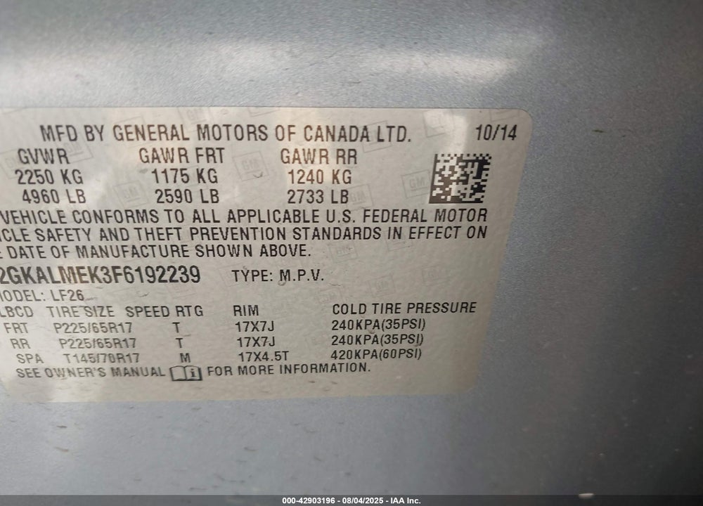 2015 GMC TERRAIN VIN: 2GKALMEK3F6192239