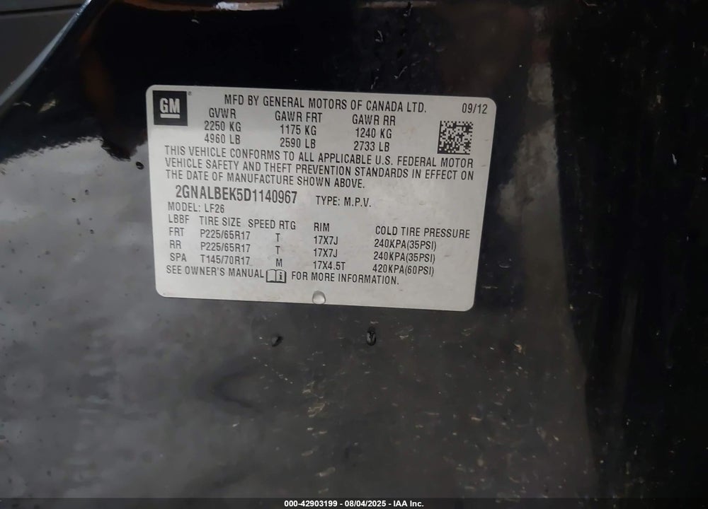 2013 CHEVROLET EQUINOX VIN: 2GNALBEK5D1140967