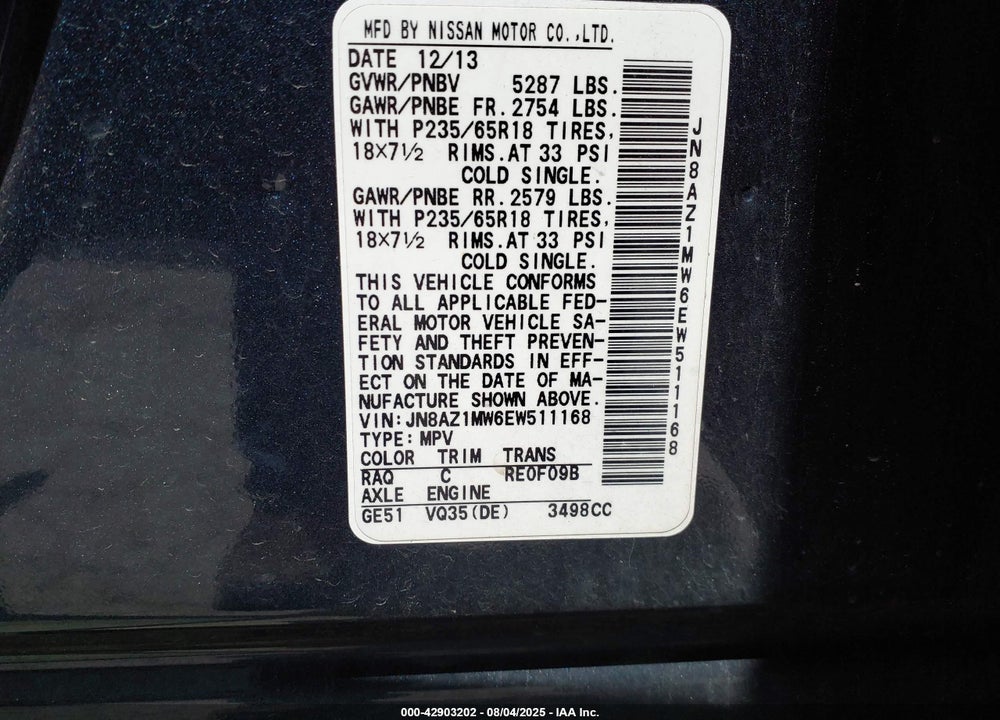2014 NISSAN MURANO VIN: JN8AZ1MW6EW511168