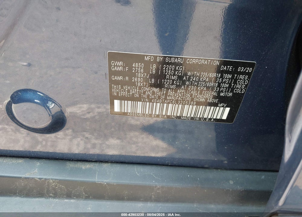 2020 SUBARU OUTBACK TOURING VIN: 4S4BTAPC6L3205388