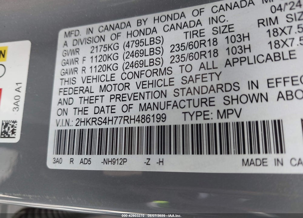 2024 HONDA CR-V EX-L AWD VIN: 2HKRS4H77RH486199