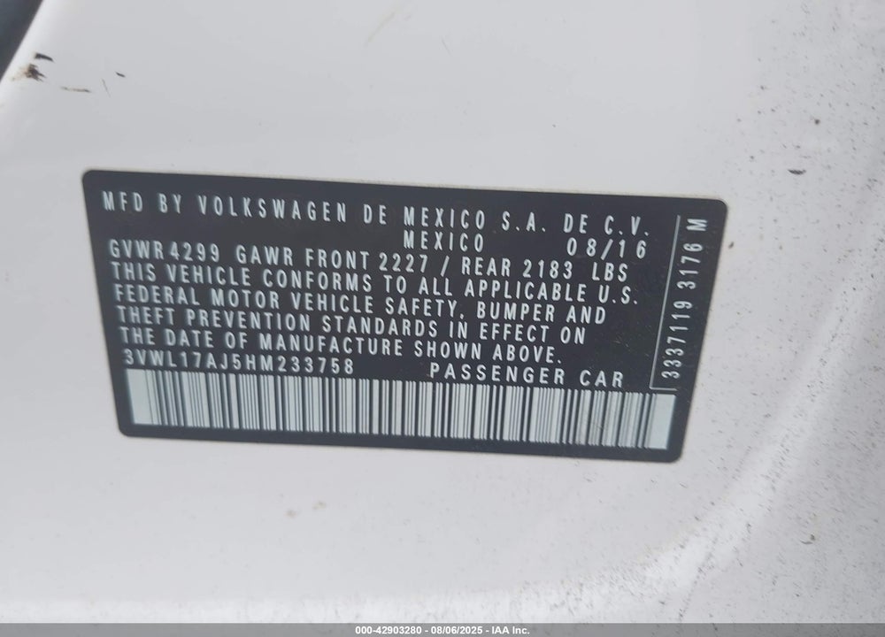2017 VOLKSWAGEN JETTA VIN: 3VWL17AJ5HM233758
