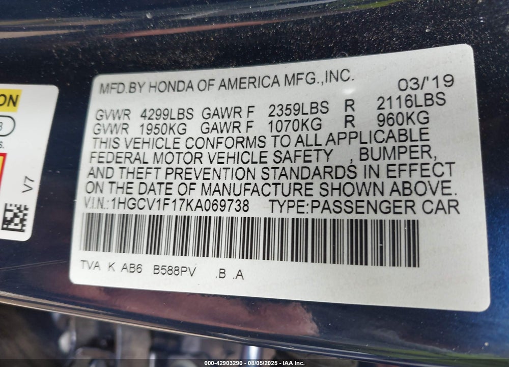2019 HONDA ACCORD VIN: 1HGCV1F17KA069738