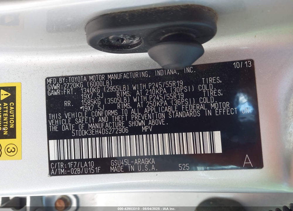 2013 TOYOTA HIGHLANDER VIN: 5TDDK3EH4DS272906