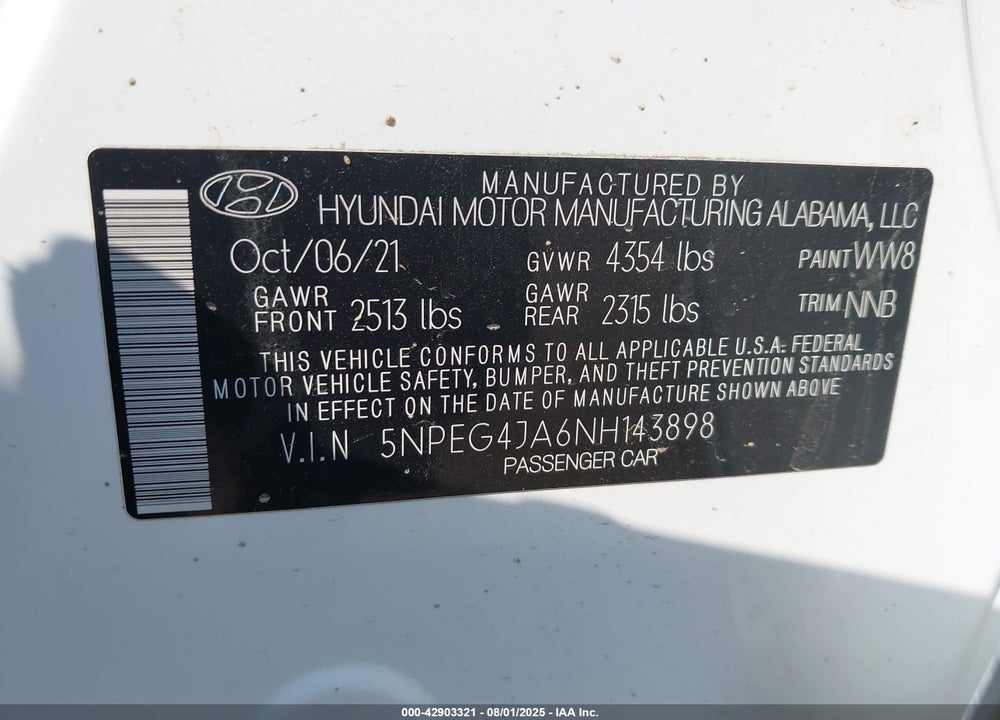 2022 HYUNDAI SONATA VIN: 5NPEG4JA6NH143898