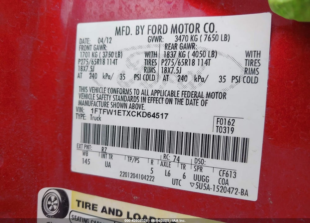 2012 FORD F-150 VIN: 1FTFW1ETXCKD64517