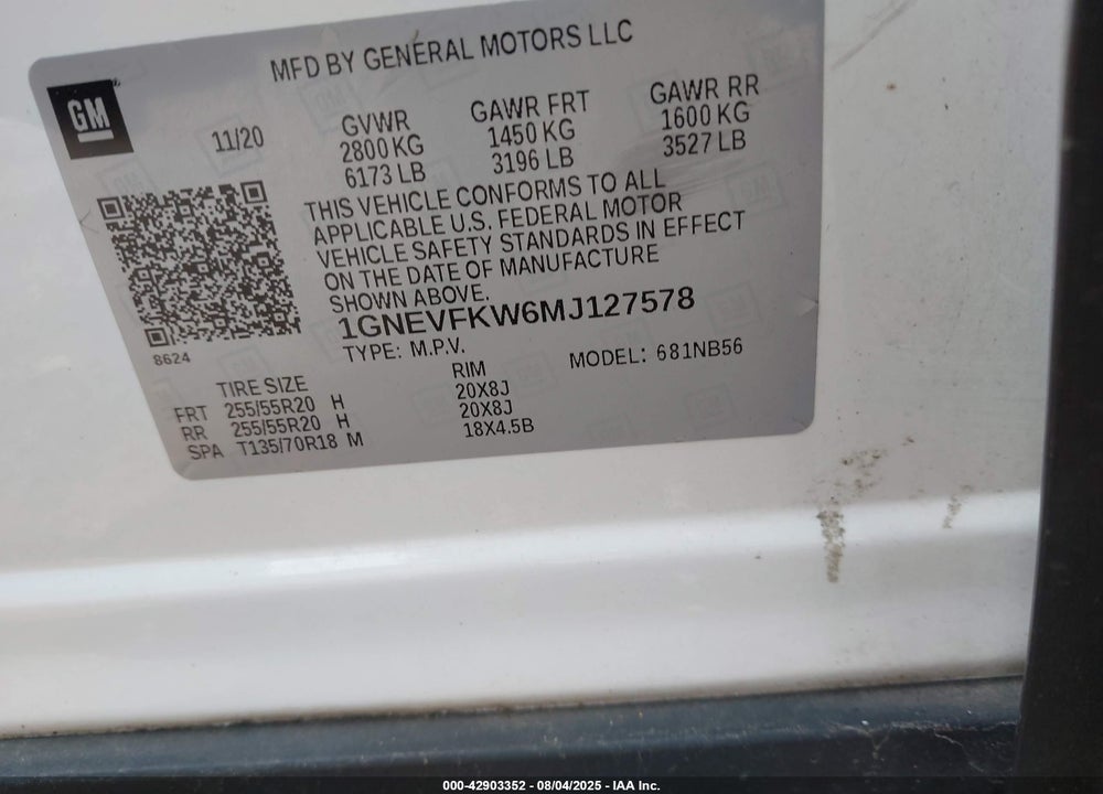 2021 CHEVROLET TRAVERSE VIN: 1GNEVFKW6MJ127578