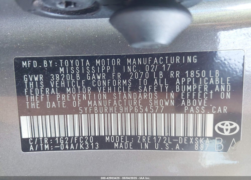 2017 TOYOTA COROLLA VIN: 5YFBURHE9HP654577