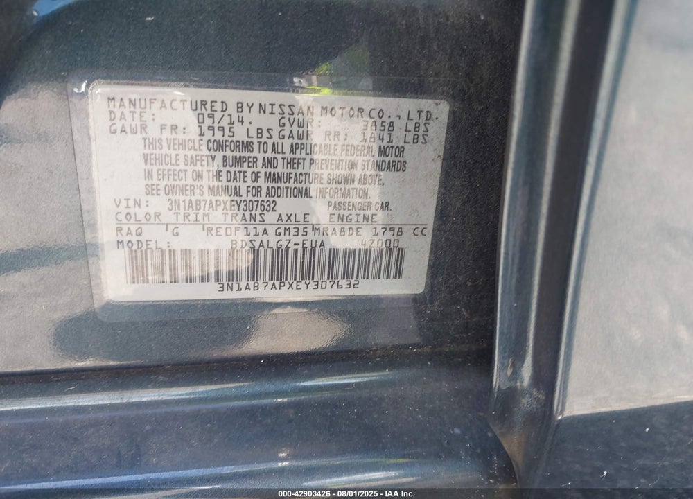 2014 NISSAN SENTRA VIN: 3N1AB7APXEY307632