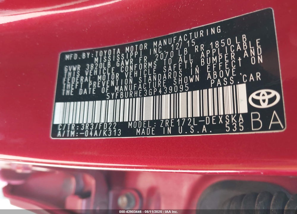 2016 TOYOTA COROLLA VIN: 5YFBURHE3GP439095