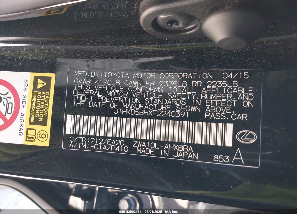 2015 LEXUS CT 200H VIN: JTHKD5BHXF2240391