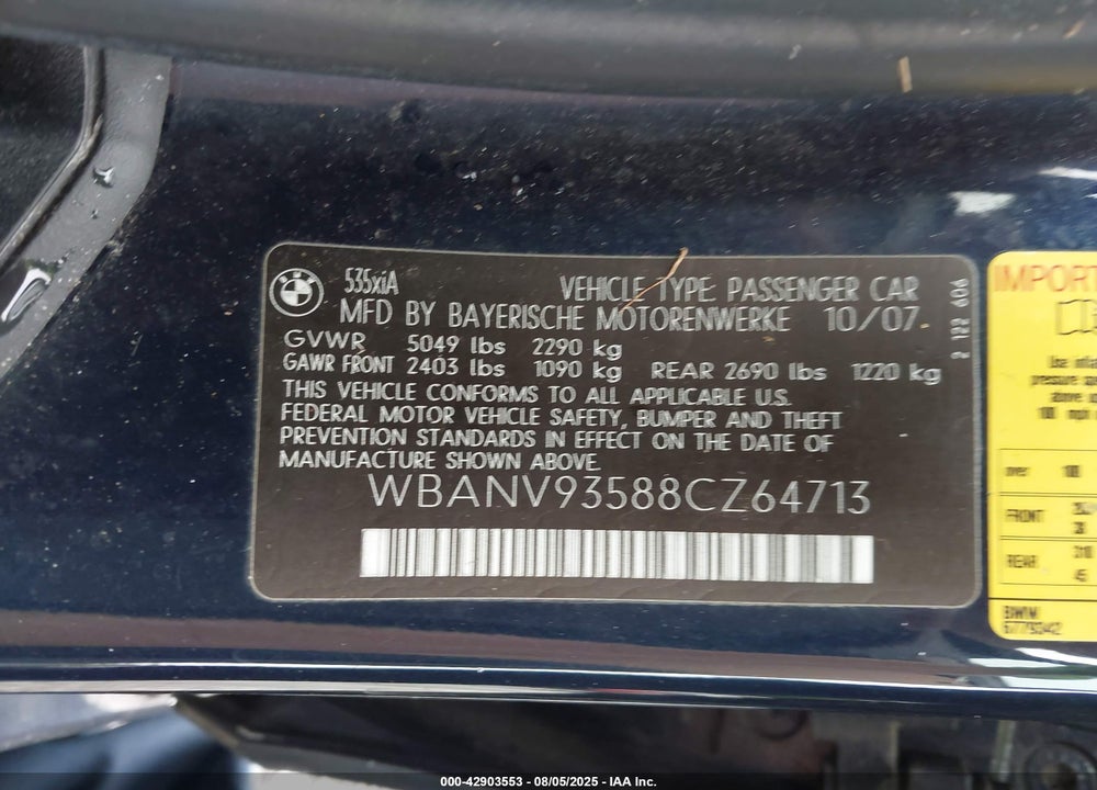 2008 BMW 535XI VIN: WBANV93588CZ64713