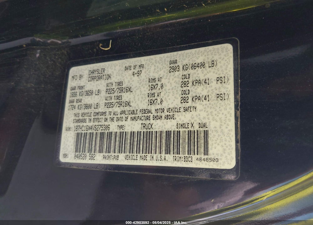 1997 DODGE RAM 1500 LT/WORK SPECIAL VIN: 1B7HC16X4VS275306