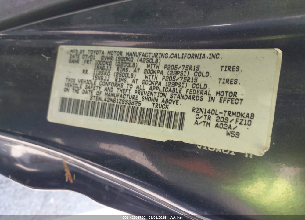 2001 TOYOTA TACOMA VIN: 5TENL42N61Z853825
