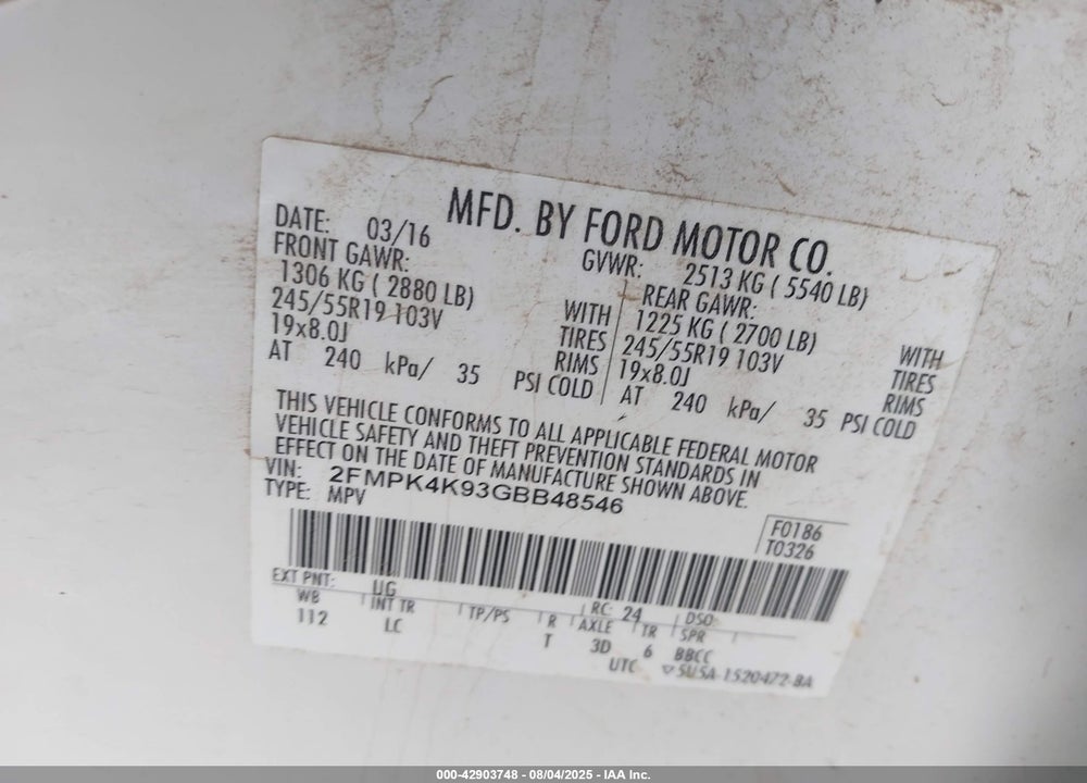2016 FORD EDGE TITANIUM VIN: 2FMPK4K93GBB48546
