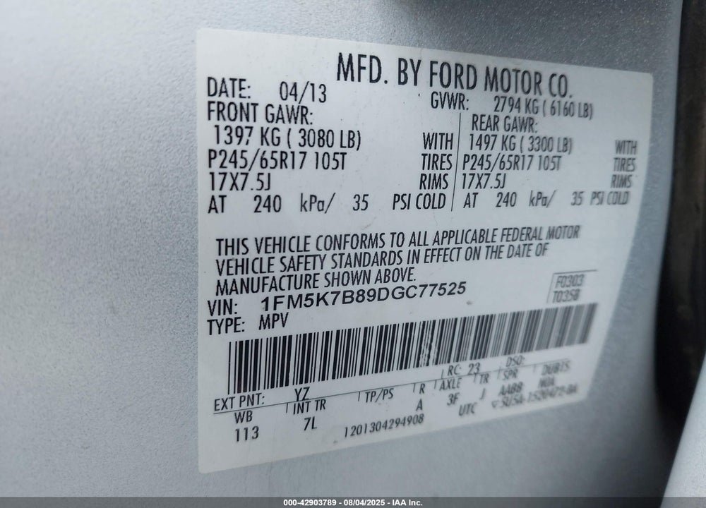 2013 FORD EXPLORER VIN: 1FM5K7B89DGC77525