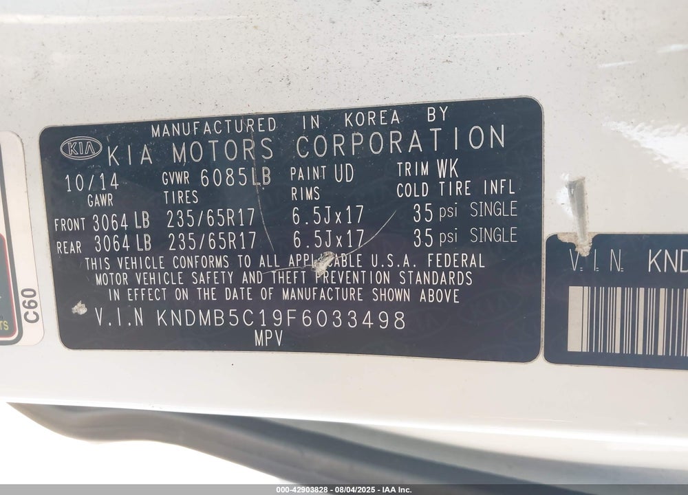 2015 KIA SEDONA LX VIN: KNDMB5C19F6033498