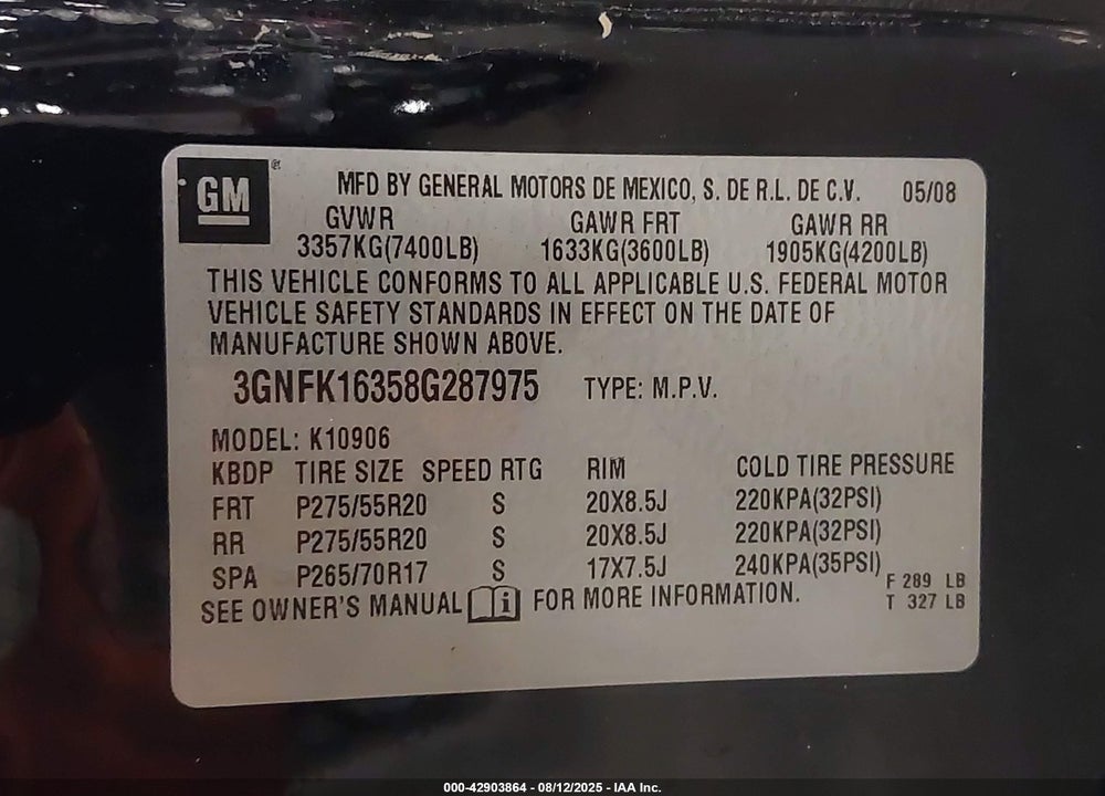 2008 CHEVROLET SUBURBAN 1500 LTZ VIN: 3GNFK16358G287975
