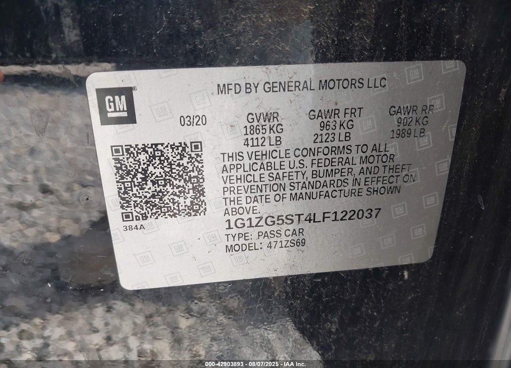 2020 CHEVROLET MALIBU VIN: 1G1ZG5ST4LF122037