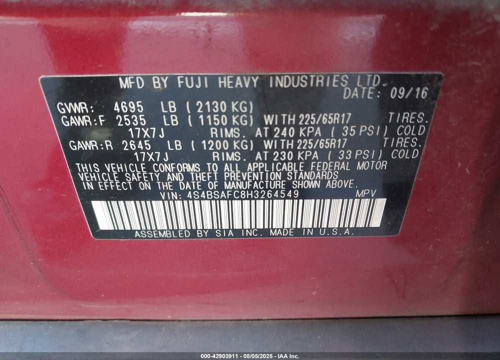 2017 SUBARU OUTBACK VIN: 4S4BSAFC8H3264549