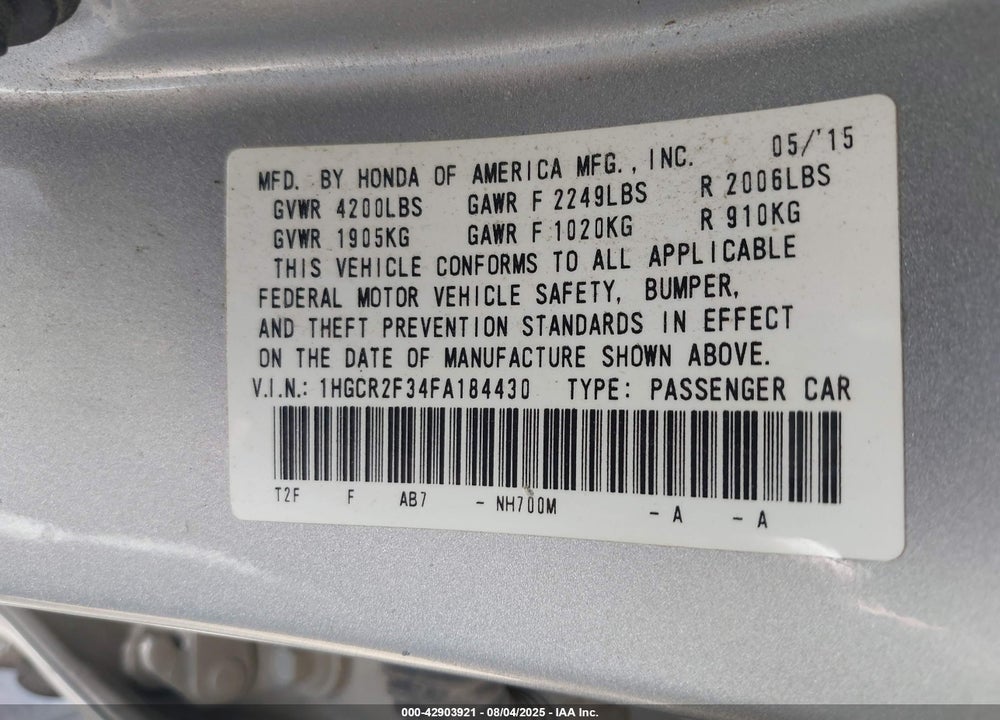 2015 HONDA ACCORD LX VIN: 1HGCR2F34FA184430
