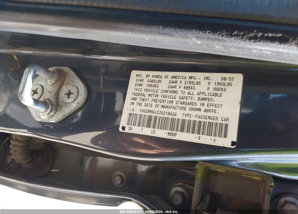 2007 HONDA ACCORD VIN: 1HGCM56427A218424