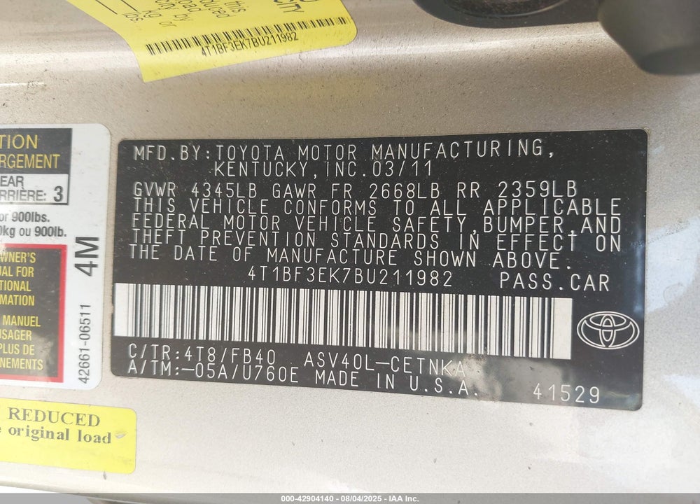 2011 TOYOTA CAMRY VIN: 4T1BF3EK7BU211982