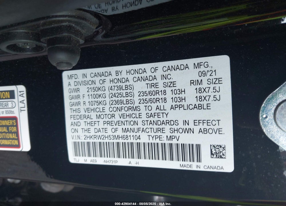 2021 HONDA CR-V VIN: 2HKRW2H53MH681104