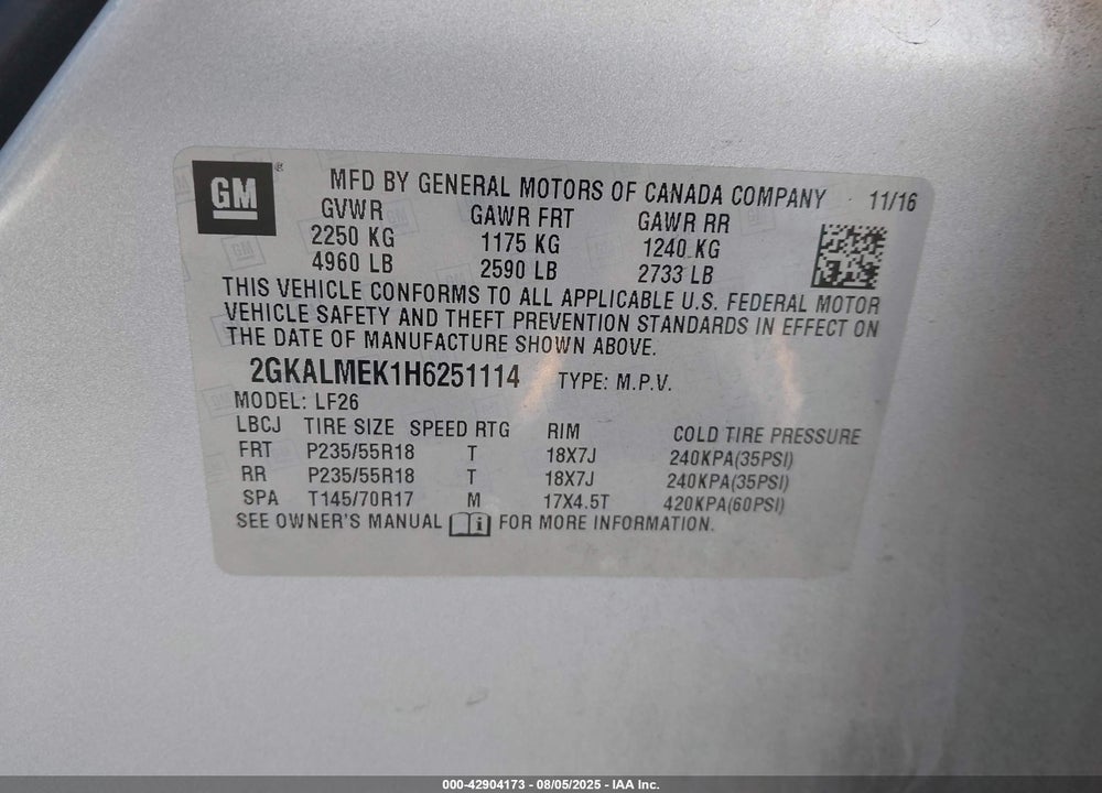 2017 GMC TERRAIN SLE-1 VIN: 2GKALMEK1H6251114