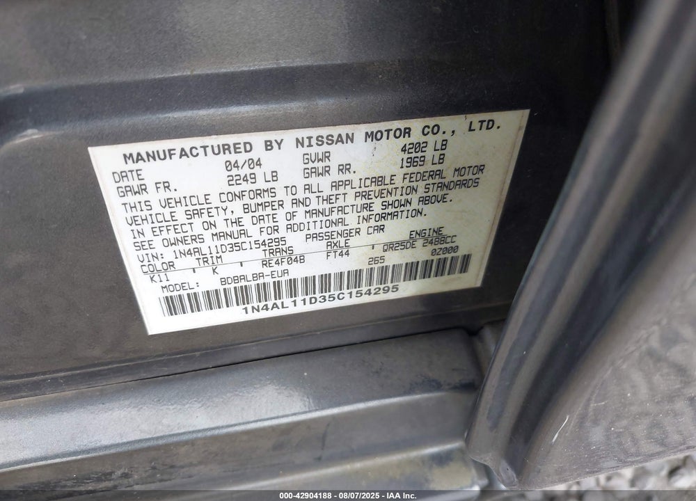 2005 NISSAN ALTIMA 2.5 S VIN: 1N4AL11D35C154295