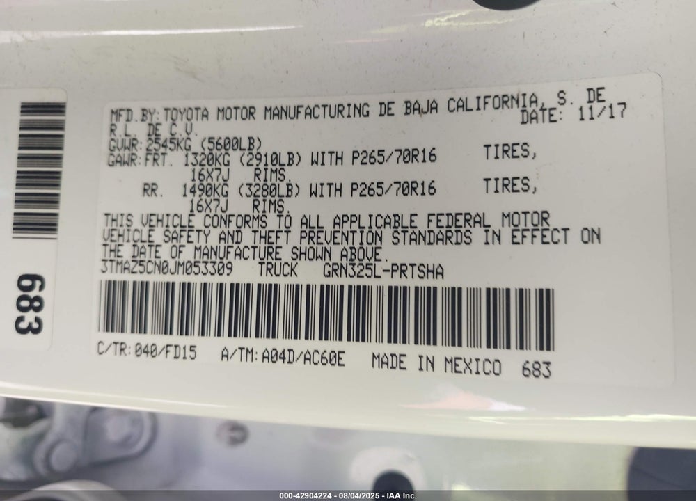 2018 TOYOTA TACOMA VIN: 3TMAZ5CN0JM053309