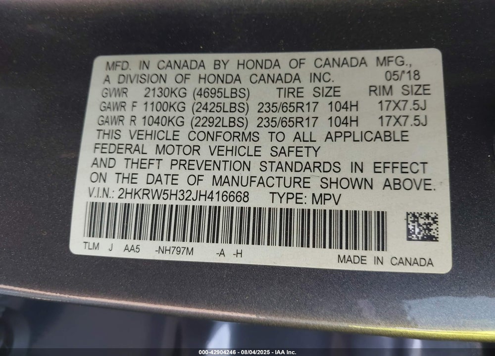 2018 HONDA CR-V LX VIN: 2HKRW5H32JH416668