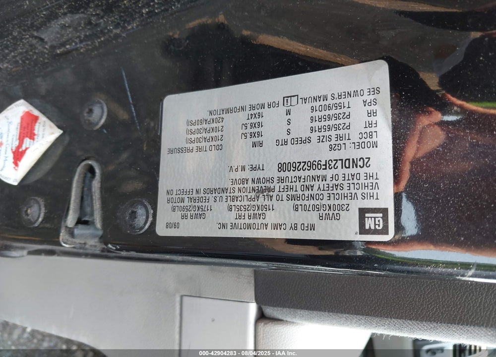 2009 CHEVROLET EQUINOX VIN: 2CNDL23F996226008