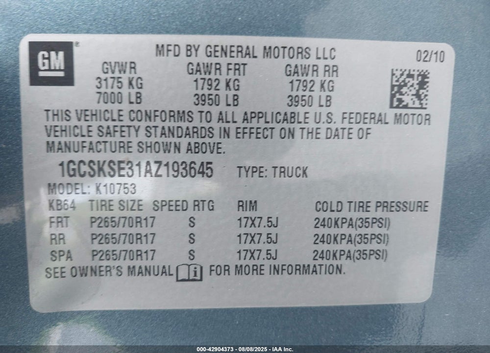 2010 CHEVROLET SILVERADO 1500 LT VIN: 1GCSKSE31AZ193645
