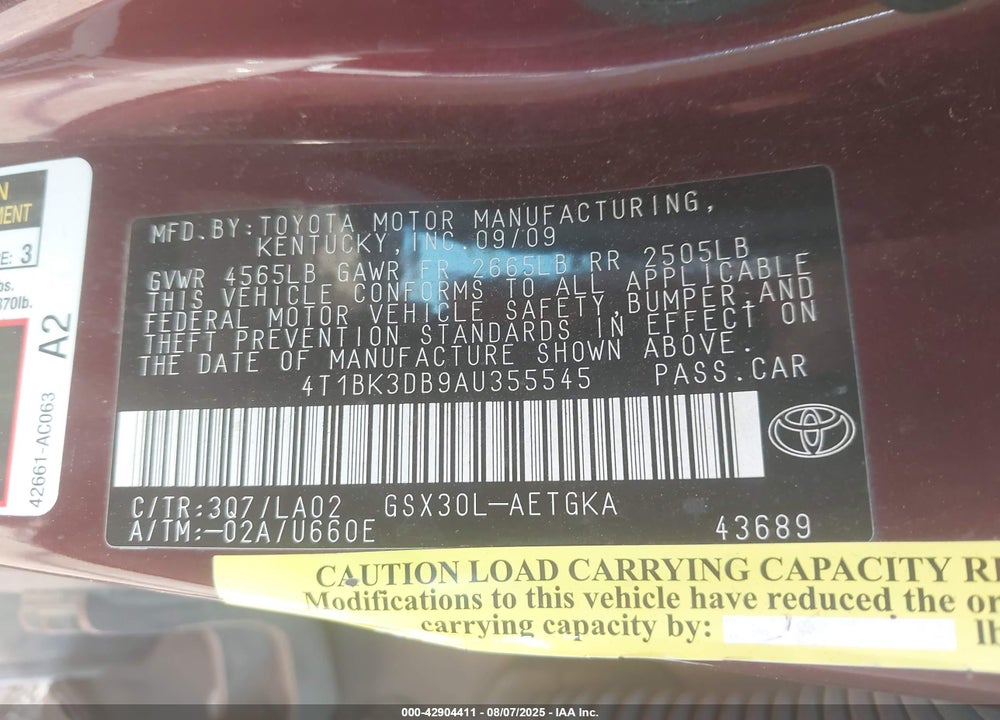 2010 TOYOTA AVALON VIN: 4T1BK3DB9AU355545