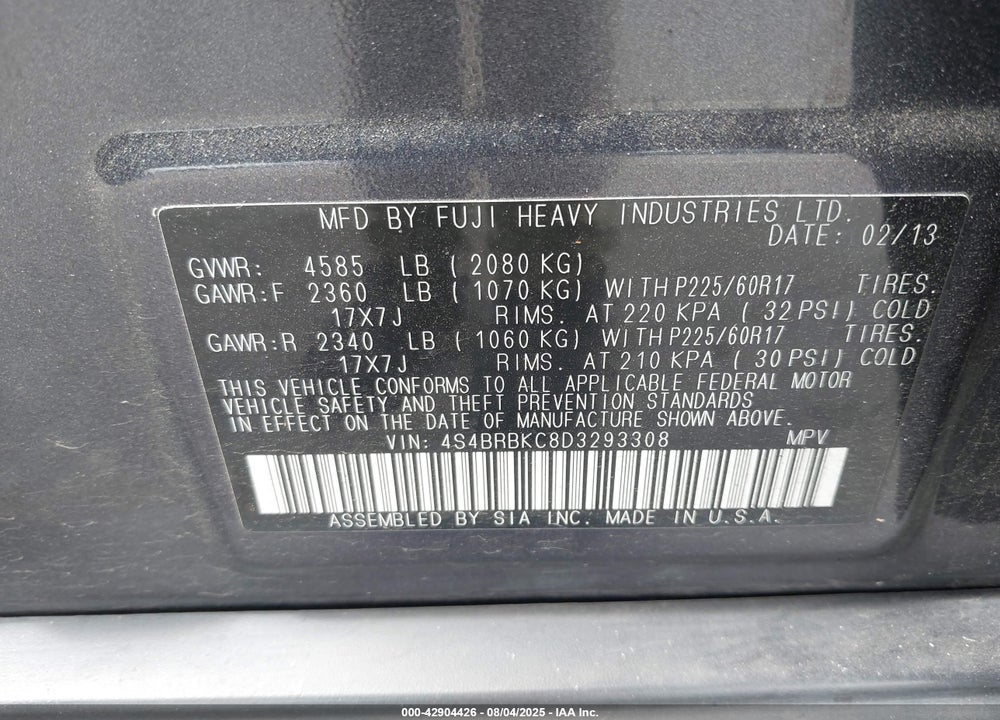 2013 SUBARU OUTBACK VIN: 4S4BRBKC8D3293308