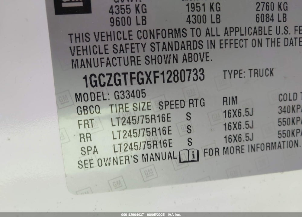 2015 CHEVROLET EXPRESS 3500 WORK VAN VIN: 1GCZGTFGXF1280733
